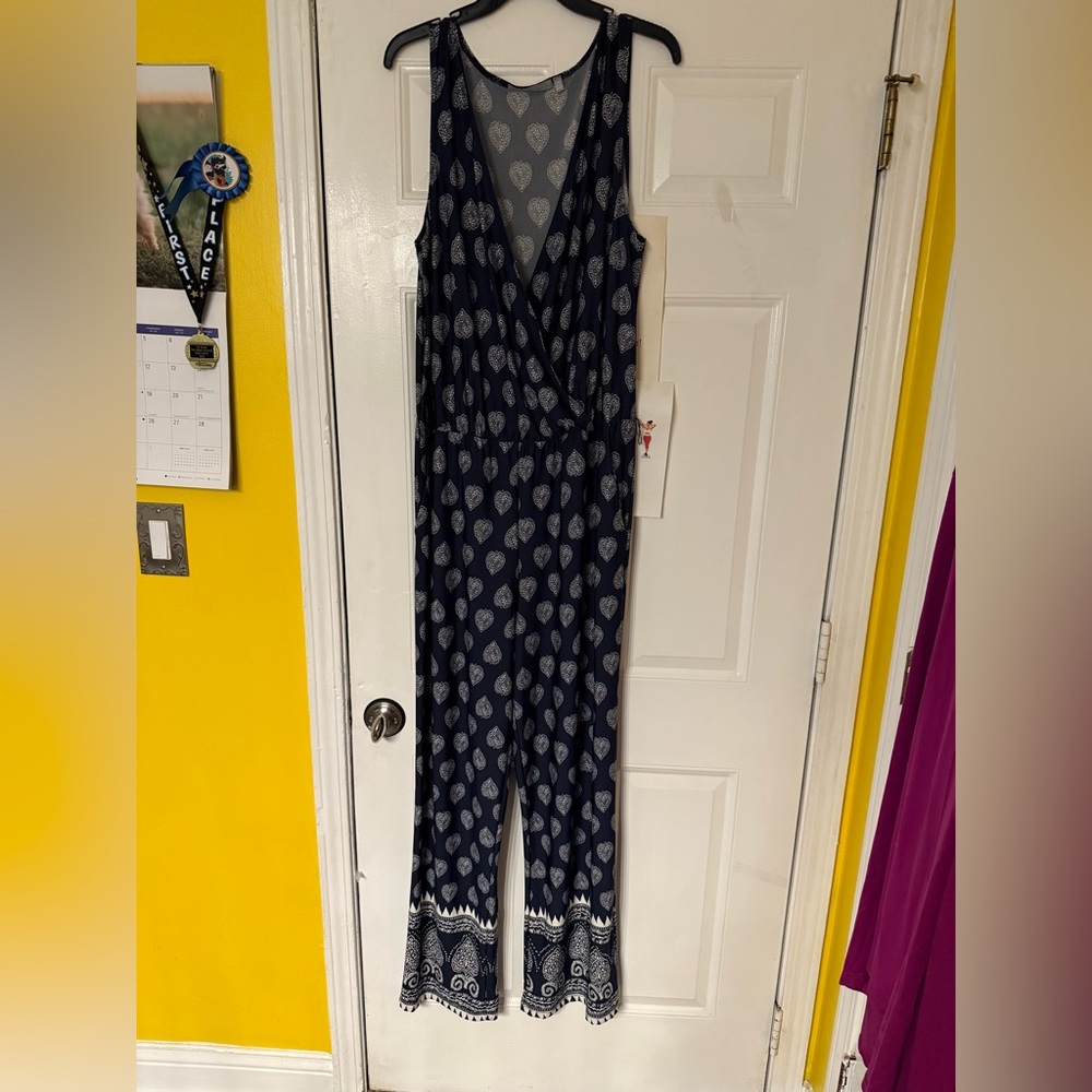 NY Collection Navy and White Patterned Jumpsuit, Size 1X